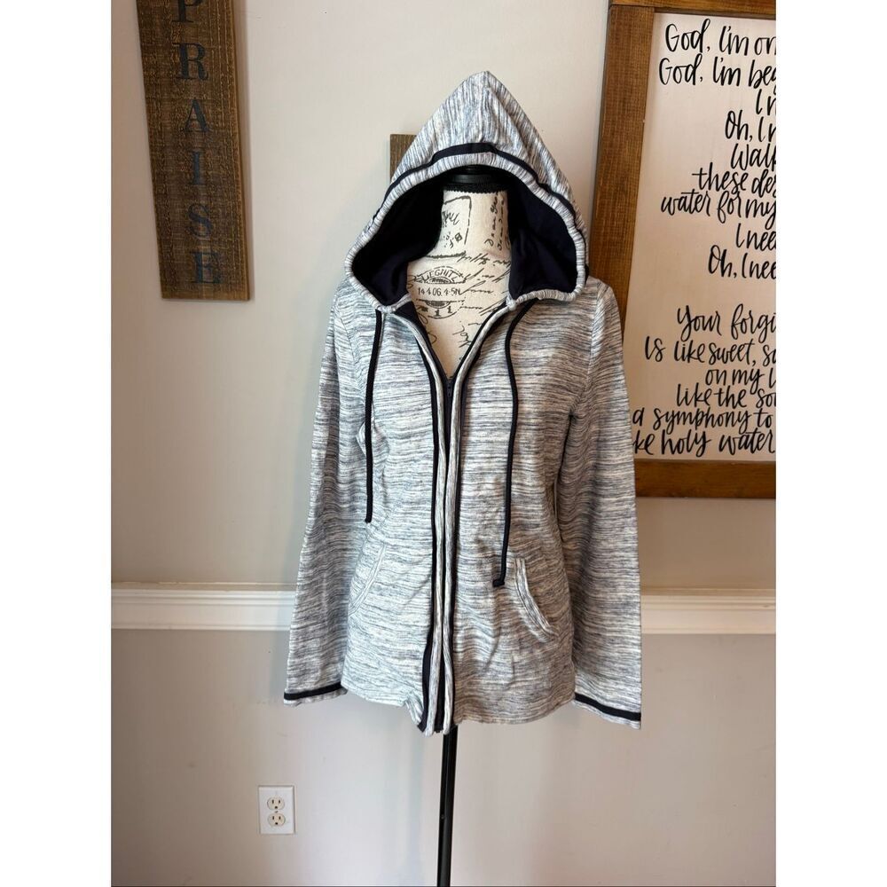Talbots Womens Space Dye Heathered Full Zip Hooded Jacket Navy White Size Medium